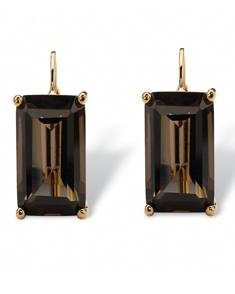 Front of a size One Size 14.50 TCW Emerald-Cut Smoky Quartz Drop Earrings in Gold-Plated in Brown by PalmBeach Jewelry. | dia_product_style_image_id:296931